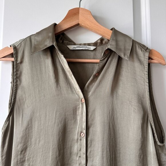 Zara Woman Olive Green Sleeveless Maxi Button-Down Shirt blouse tunic Floral - Picture 6 of 16